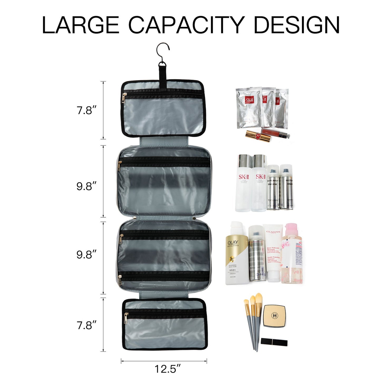 大容量 - 12.5×9×4.3 英寸（轧制）； 12.5 × 35.2 英寸（开放式）4 个独立隔层，可存放全尺寸必需品、洗漱用品和化妆品。这是一款出色的化妆包，可让您的旅行装洗漱用品井井有条。 方便的设计 - 拉链平滑且牢固闭合，双向拉链闭合，可快速取用。中间有 2 个主隔间，带有松紧带，可将不同尺寸的瓶子保持直立并防止液体溢出。 特殊技术 - 外层采用超声波工艺巧妙制作，让我们的包包没有线头烦恼，看起来更高级和艺术。 细节 - 大型 360 度嵌入式金属挂钩可以将化妆包挂在毛巾架、衣帽钩或任何可用的地方，节省浴室柜台空间。 耐用材料 - 旅行化妆收纳盒采用环保高密度涤纶复合面料制成，防水易擦洗、抗撕裂且耐用，是您长期可靠的家庭旅行和居家伴侣。
