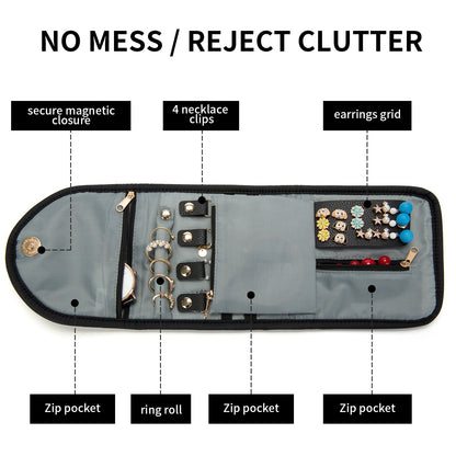 尺寸 - 5.5x5.5x0.79 英寸。重量：0.2 磅（92 克）。便携时尚，可轻松放入手提箱或背包中，适合 3 天旅行或商务旅行。 实用结构 - 1 个戒指组织者 + 1 个弹性耳环面板 + 4 个防止缠结的项链夹 + 3 个拉链袋。 耐用材料 - 旅行首饰袋由涤纶柔软面料制成，耐磨外壳，让您的首饰*存放。 完美礼物 - 质感和简约设计，实用功能，非常适合商务旅行、表演、旅行和其他户外活动，是送给朋友和家人的*礼物。 特殊设计 - 4 个主要区域可让您的首饰井井有条，定制设计的松紧带和分开的项链口袋可防止项链缠结。 用途广泛 - 存储：耳环、戒指、钻石、项链、手链、胸针、发夹、手表。