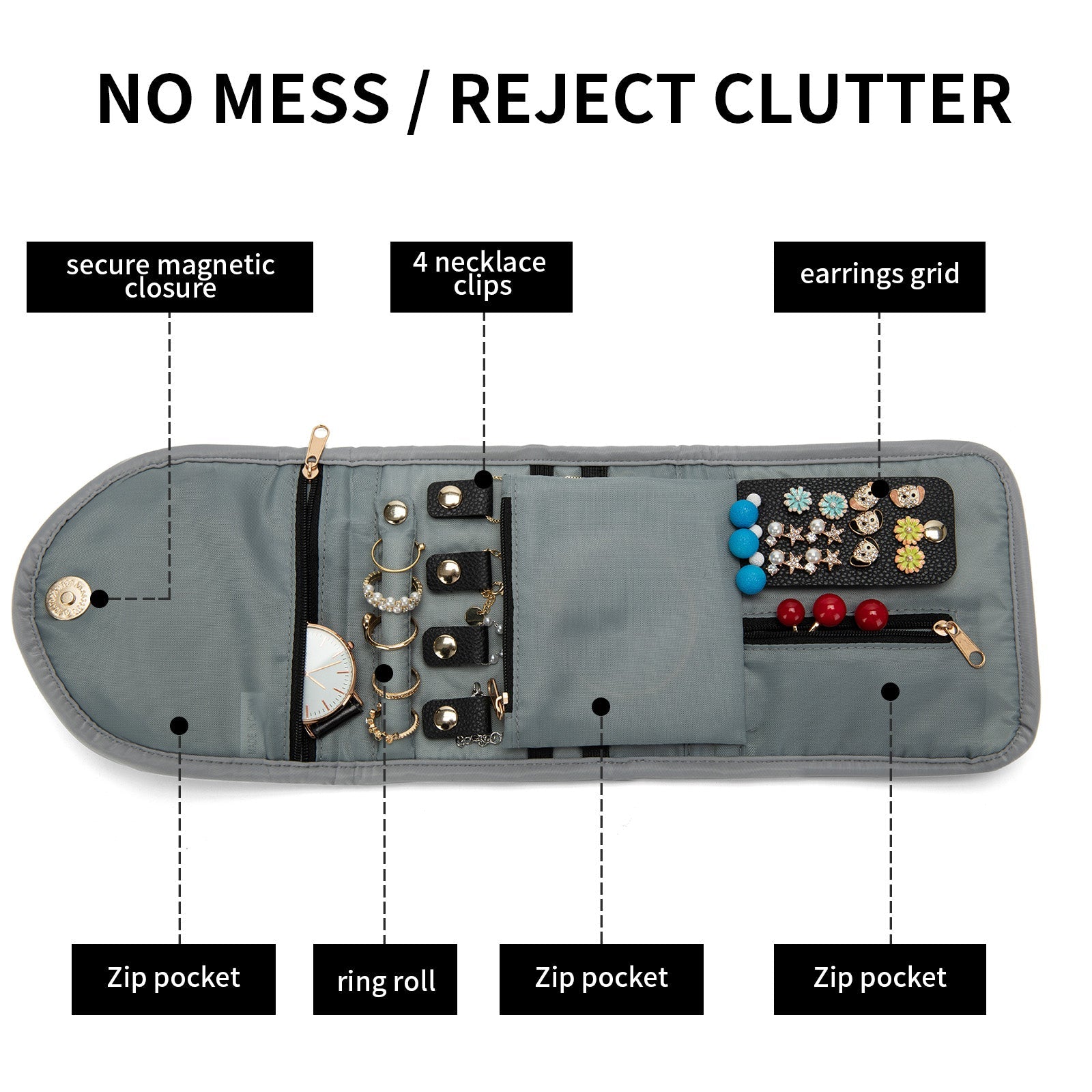 尺寸 - 5.5x5.5x0.79 英寸。重量：0.2 磅（92 克）。便携时尚，可轻松放入手提箱或背包中，适合 3 天旅行或商务旅行。 实用结构 - 1 个戒指组织者 + 1 个弹性耳环面板 + 4 个防止缠结的项链夹 + 3 个拉链袋。 耐用材料 - 旅行首饰袋由涤纶柔软面料制成，耐磨外壳，让您的首饰*存放。 完美礼物 - 质感和简约设计，实用功能，非常适合商务旅行、表演、旅行和其他户外活动，是送给朋友和家人的*礼物。 特殊设计 - 4 个主要区域可让您的首饰井井有条，定制设计的松紧带和分开的项链口袋可防止项链缠结。 用途广泛 - 存储：耳环、戒指、钻石、项链、手链、胸针、发夹、手表。