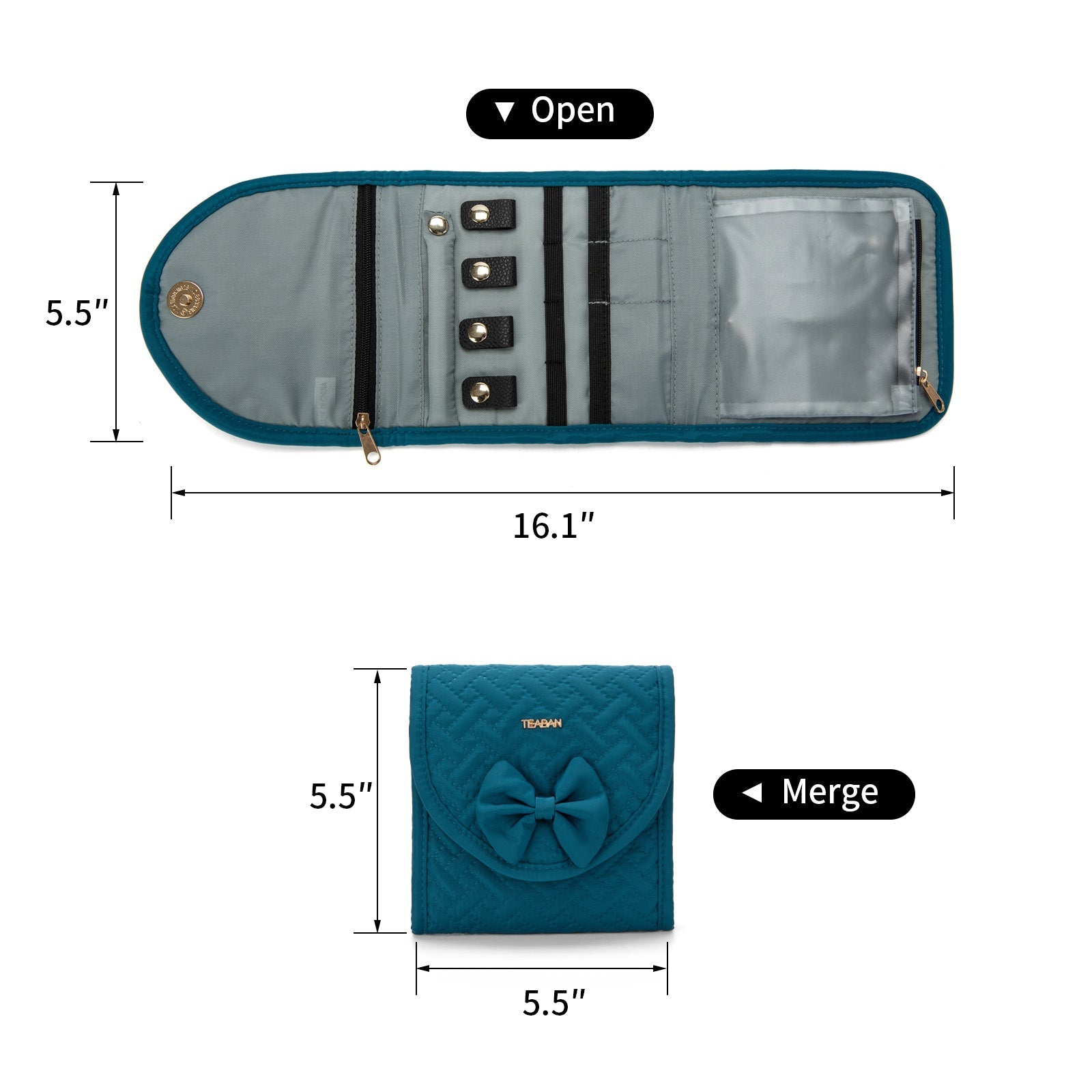 尺寸 - 5.5x5.5x0.79 英寸。重量：0.2 磅（92 克）。便携时尚，可轻松放入手提箱或背包中，适合 3 天旅行或商务旅行。 实用结构 - 1 个戒指组织者 + 1 个弹性耳环面板 + 4 个防止缠结的项链夹 + 3 个拉链袋。 耐用材料 - 旅行首饰袋由涤纶柔软面料制成，耐磨外壳，让您的首饰*存放。 完美礼物 - 质感和简约设计，实用功能，非常适合商务旅行、表演、旅行和其他户外活动，是送给朋友和家人的*礼物。 特殊设计 - 4 个主要区域可让您的首饰井井有条，定制设计的松紧带和分开的项链口袋可防止项链缠结。 用途广泛 - 存储：耳环、戒指、钻石、项链、手链、胸针、发夹、手表。